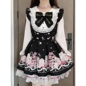 Japanese Sweet Lolita Bow Dress Shorts Set Women Y2K Aesthetics Vintage Gothic Long Sleeve Shirt Dress Elegant Party Dress Suits