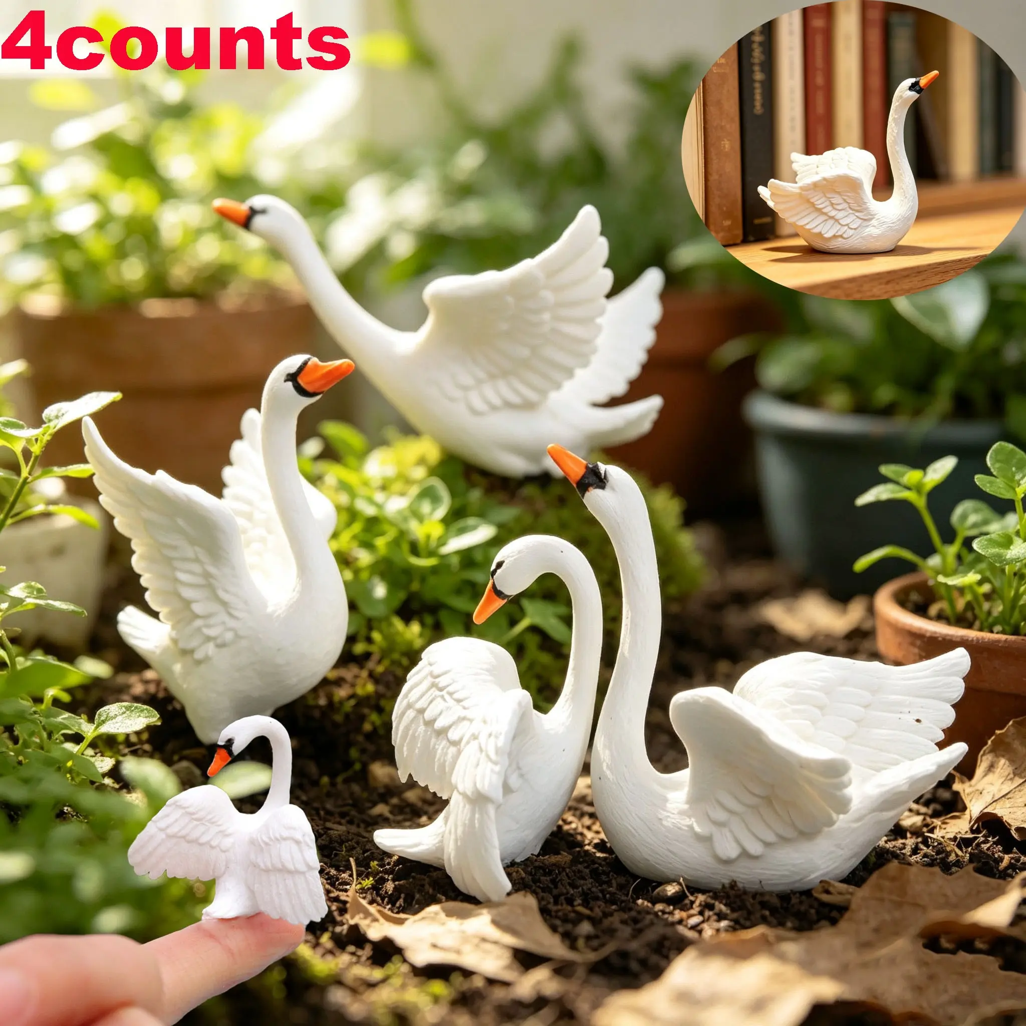 4 Mini Swan Models, Realistic Resin Swan Ornaments, Ideal for Fairy Garden, Dollhouse Miniature Landscape, DIY Crafts, Photography Props, Swan Collectibles