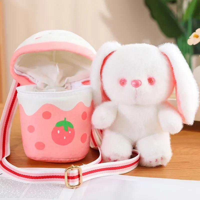 Stuffed Funny Bunny Bear Plush Doll Strawberry Carrot Rabbit Plush Toy Soft Bear in Milk Tea Bag Creative Kids Birthday Gift