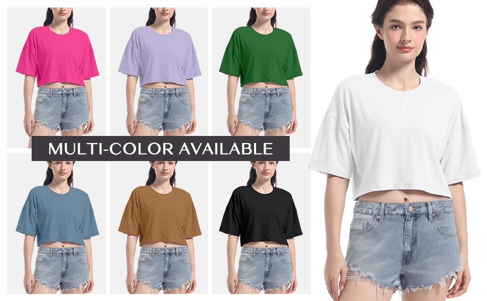 Women's basic cropped top, drop-shoulder T-shirt, short-sleeved, round neck, casual summer solid color cropped top