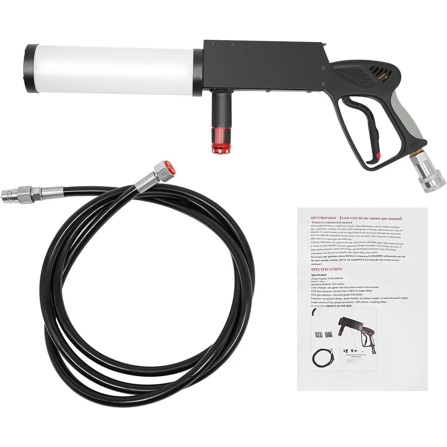 CO2 Handheld Fog Gun Smoke Machine with LED Lights Handheld CO2 Jet Machine with 3 Meter Gas Hose, Red Green Blue Stage Effect Fogger Smoke Cannon Gun for DJ, Halloween, Party, Club, Bar