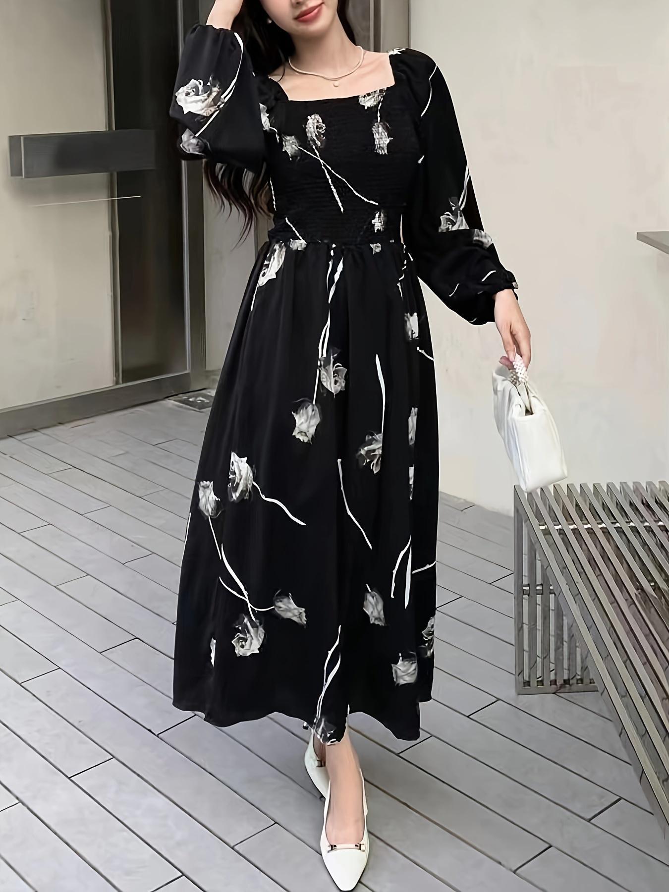 Women's Floral Print Dress, Elegant Fashion Casual Fitted A Line Dress for Daily Outdoor Wear, Women Dress for Spring Fall