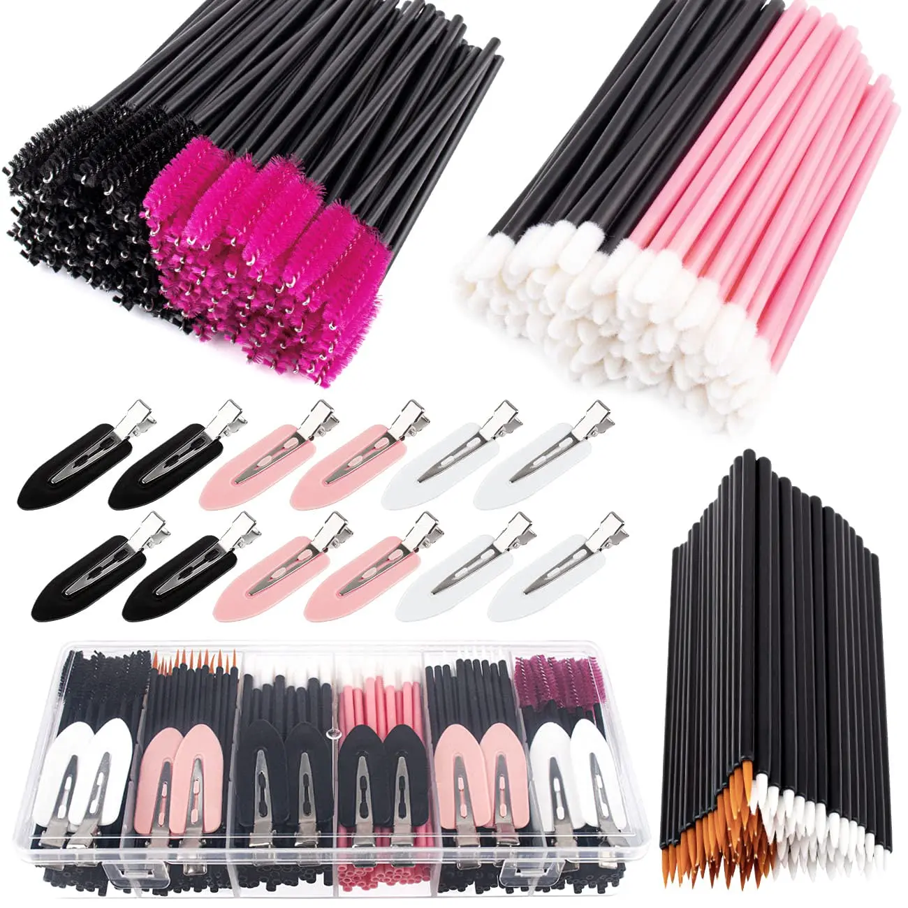 283-Piece Facial Makeup Tools Kit (283A) with Plastic Storage Organizer Box, Hair Clips, Eyeliner Brushes, Mascara Wands, and Lipstick Applicators for Lip Makeup, Eyebrow/Lip Art