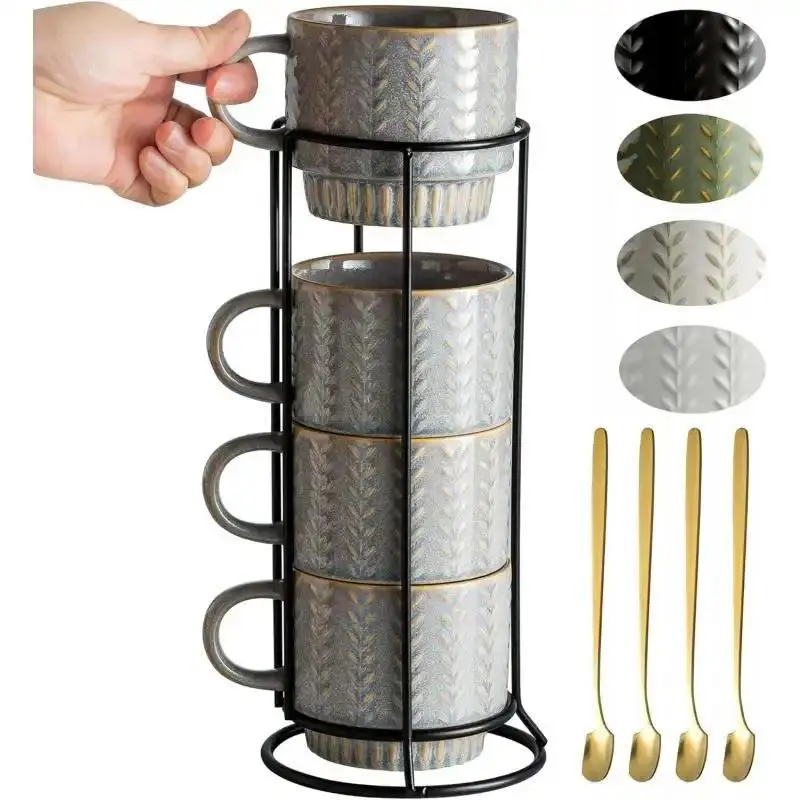13oz Stackable Coffee Mugs Set of 4 with Spoons & Stand, Espresso Cups for Latte, Cappuccino, Tea, Ideal Gift for Couples, Dishwasher Safe Home Supplies-L