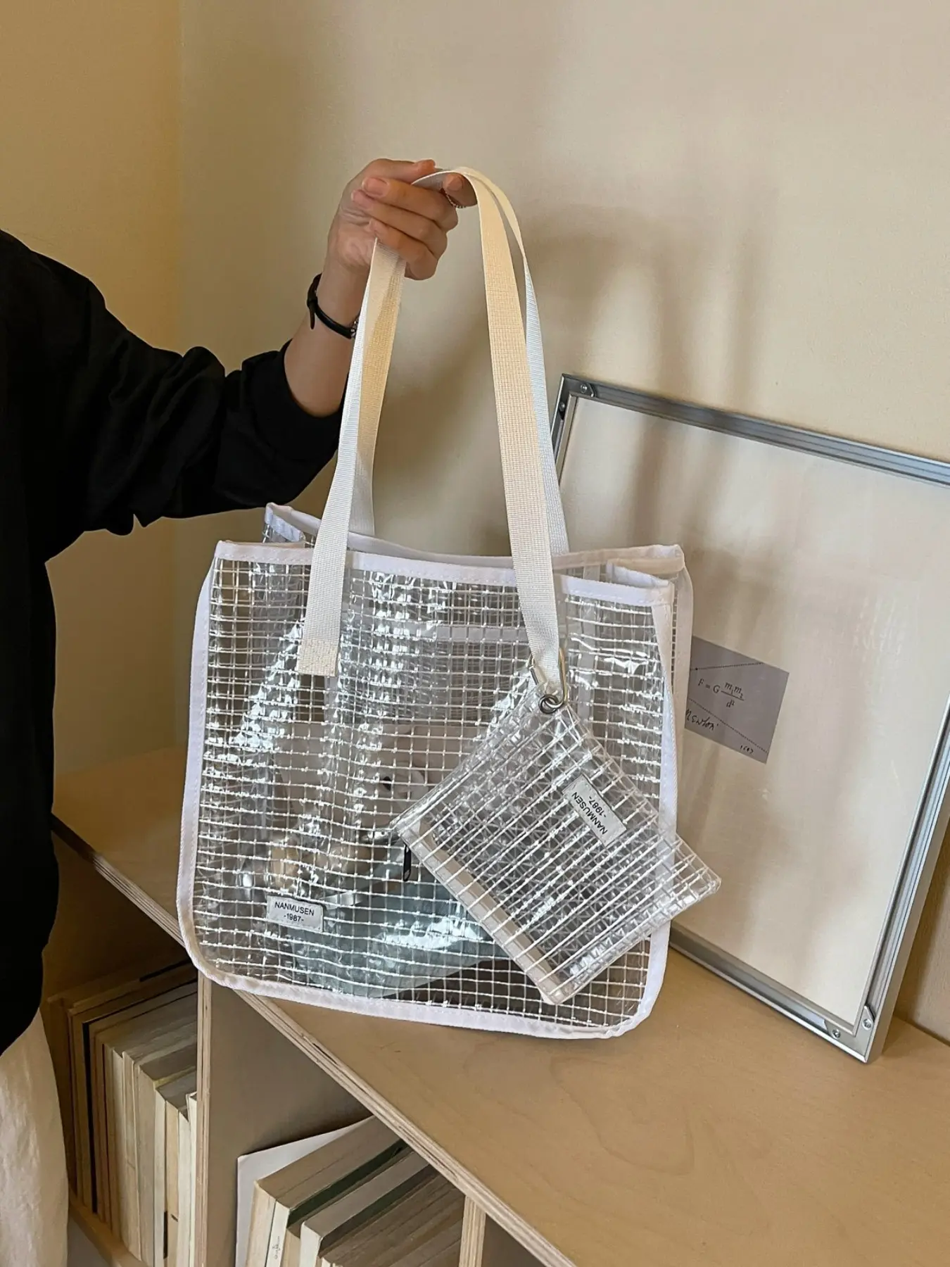 Transparent Mesh Shoulder Bag, Waterproof & Durable, Large Capacity, Fashionable Checkered Design, Ideal for Travel & Daily Use