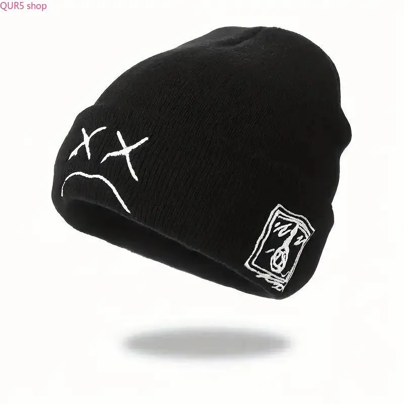 Unisex Sad Face Embroidered Knit Beanie, Hip Hop Cuffed Skull Cap for Winter, Soft Warm Comfortable Stretch Hat, Machine Washable Black & White Versatile Headwear, Trendy Accessory for Sports, Outdoor Activities & Daily Street Outfits