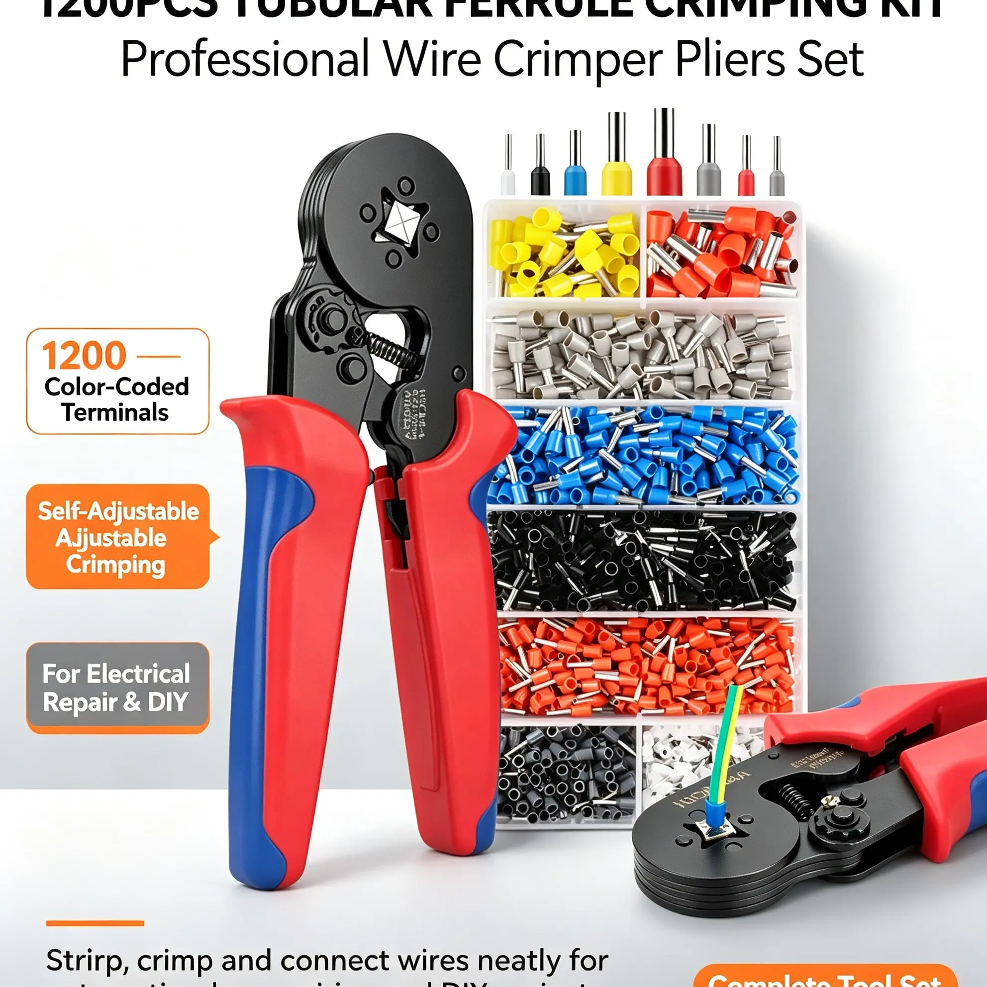 Tube Cold Crimp Terminal Wire Stripper Kit, Self-Adjusting Crimper, Professional Electrician Tool, Car Wiring, Home DIY, Repair