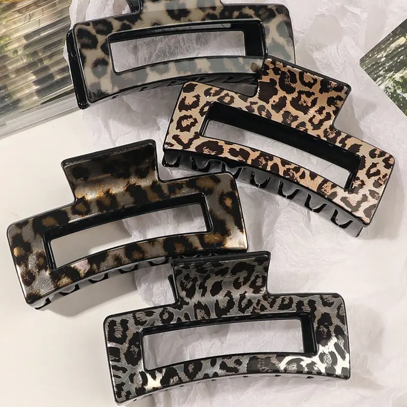 4pcs Leopard Print, Flat Claw Clips, Glossy Square Accessories For Daily & Casual Wear, School Stuff, Vacation Outfits For Women, Hair Claws
