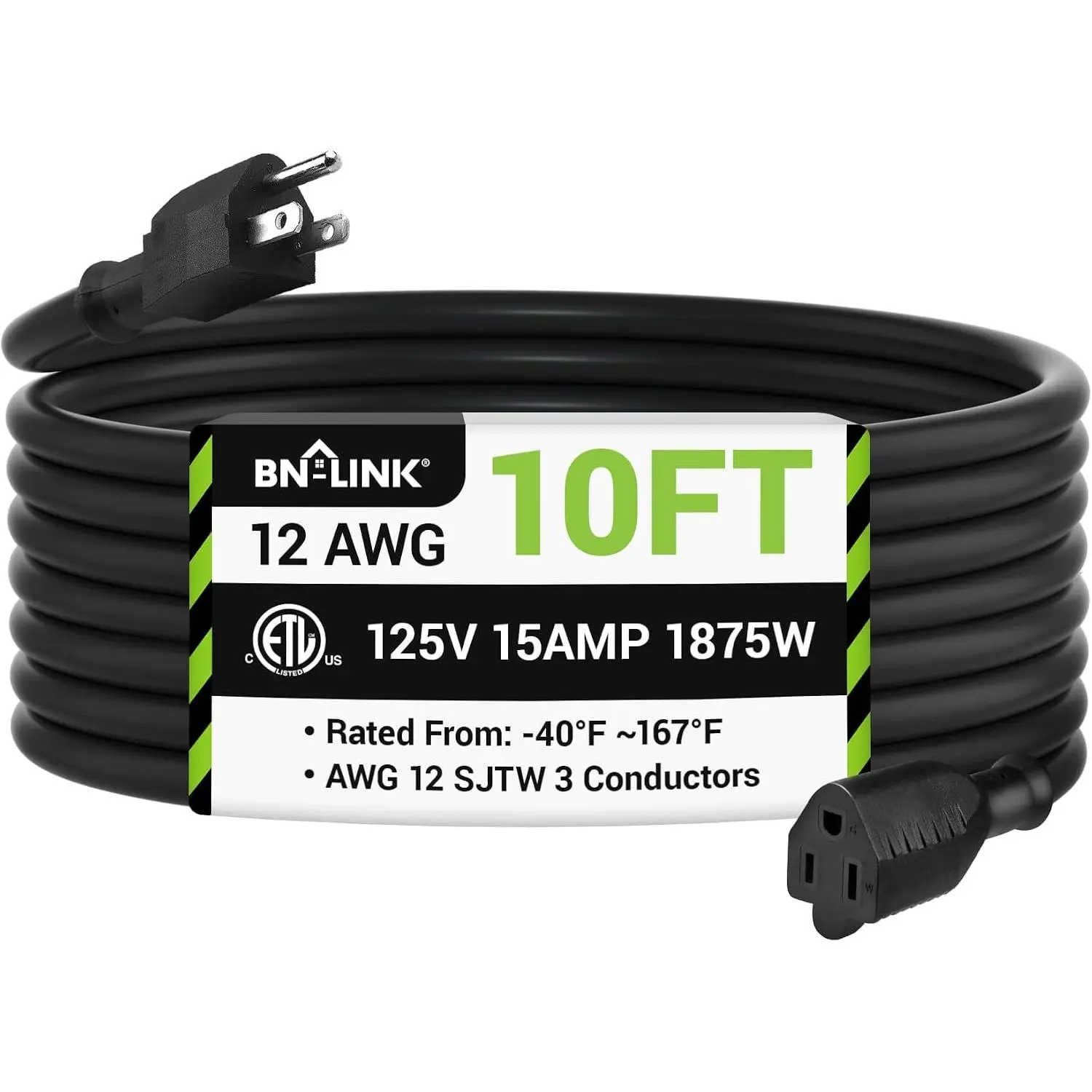 10ft Outdoor Extension Cord, 12/3 SJTW Heavy Duty Power Cord, 3-Prong Grounded Plug, Weather Resistant, 15A, 1875W, Black, for Lawn, Garden, Appliances,
