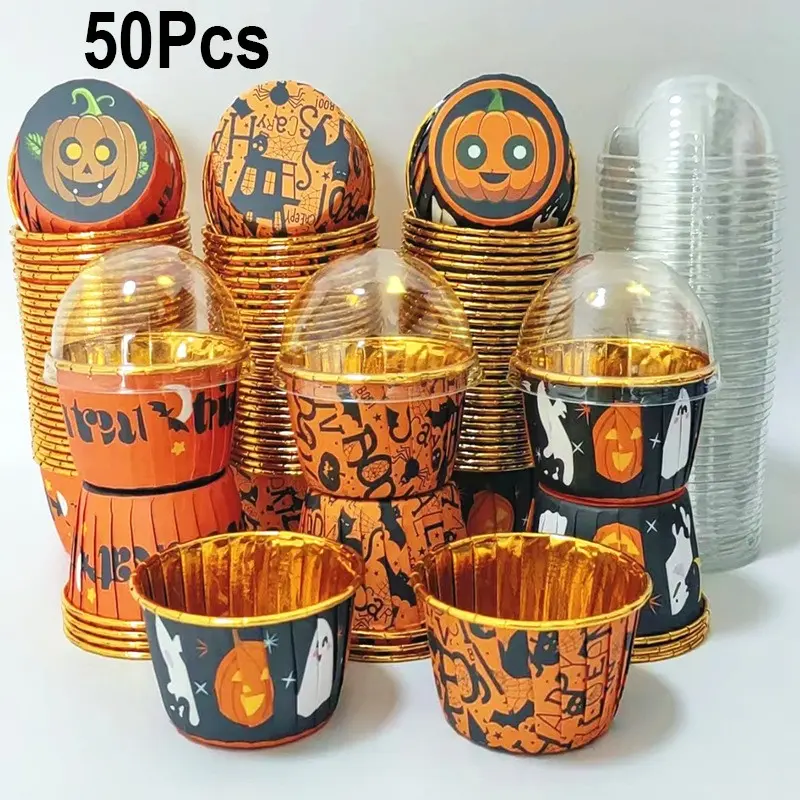 50Pcs Halloween & Christmas Rolled Rim Paper Cupcake Cups with Dome Lids, Food-Grade Paper for Cupcakes, Muffins, Desserts, Candy, Party Favors, Holiday Party Supplies