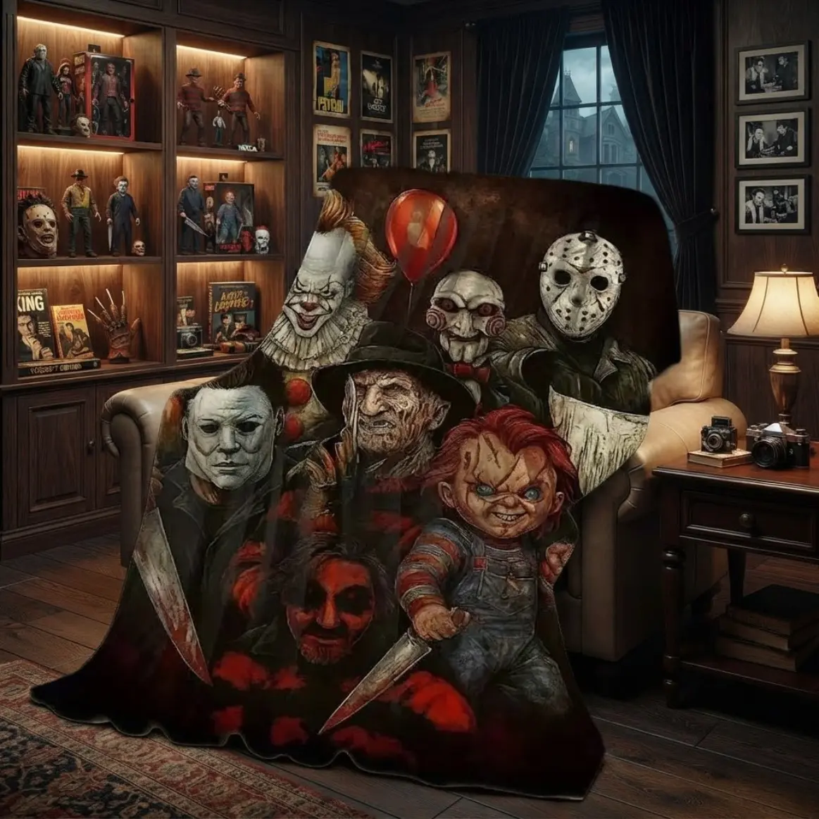 Classic Horror Movie Villains Collage Flannel Throw Blanket For Adults And Kids, Freddy Jason Pennywise Michael Myers Print, Soft All Season Cover For Couch Bed Car, Machine Washable Halloween Gift For Horror Film Fans, Perfect For Movie Night