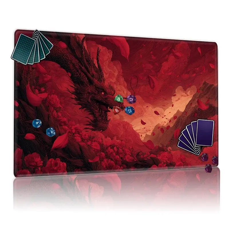 Majestic Dark Red Dragon & Red Roses MTG Playmat - 12x24in Non-Slip Backing, Perfect for TCG Card Games, Ideal for Family Gatherings & Great Gift for Enthusiasts