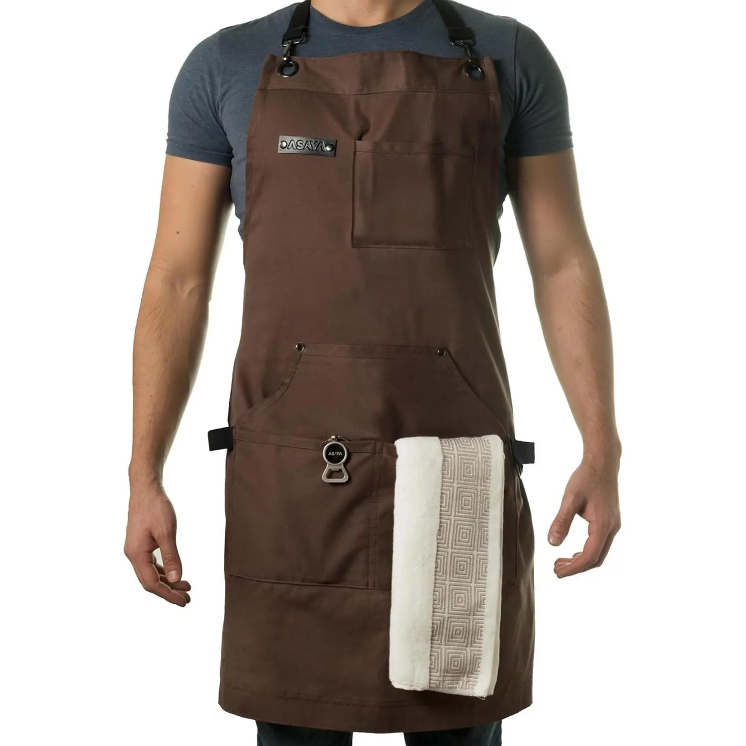 Chef and BBQ Apron, with bottle opener and hand towel - 10 oz cotton canvas, stainless steel accessories - cross-back straps