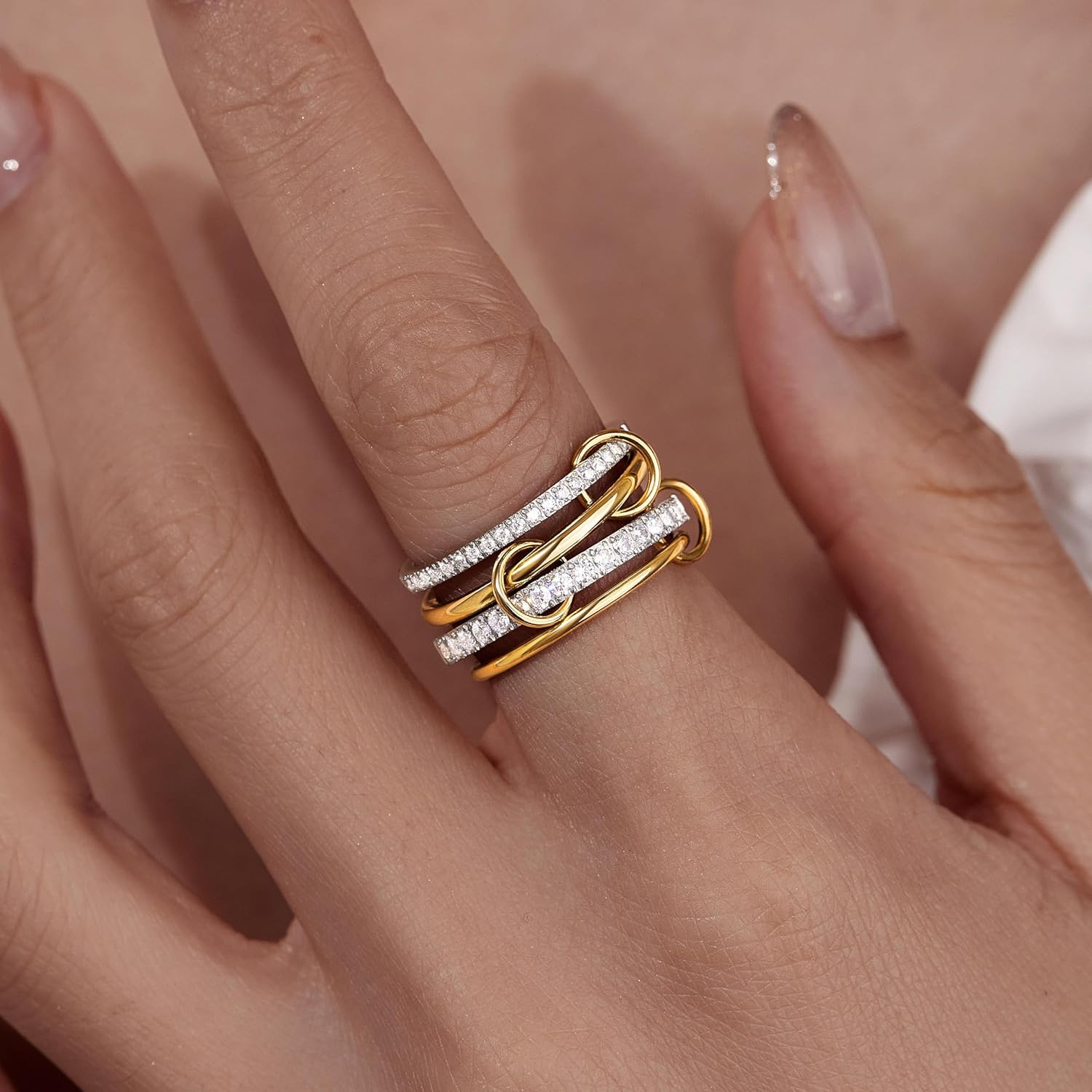 Stackable Gold Silver Band Rings for Women, Statement Chunky Cubic Zirconia Rings, Fashion Unique Designer Mixed Metal Jewelry Size 5/6/7/8/9/10/11