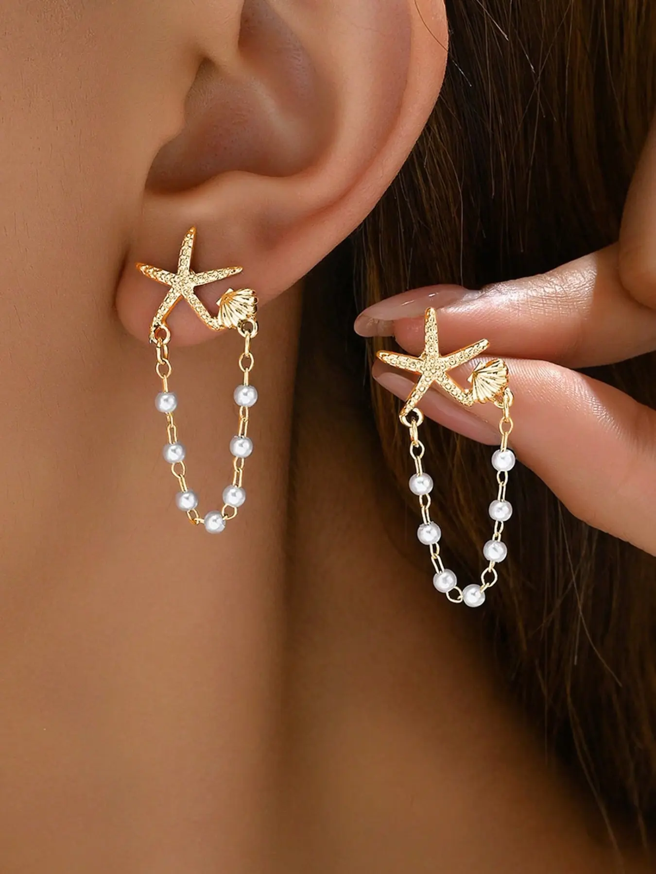 Elegant Starfish Shell Pearl Chain Earrings, Women's Ocean Resort Style, Durable & Comfortable, Perfect Gift