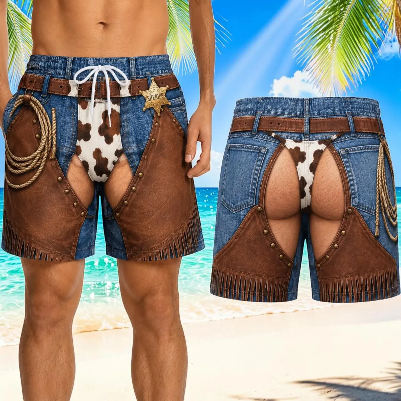 Funny Cowboy Denim Beach Shorts 3D Western Rodeo Star Sheriff Badge Swim Trunks with Mesh Lining, Novelty Faux-Layered Look Cow Print Thong Funny Men Gift Summer Pool Party Wear