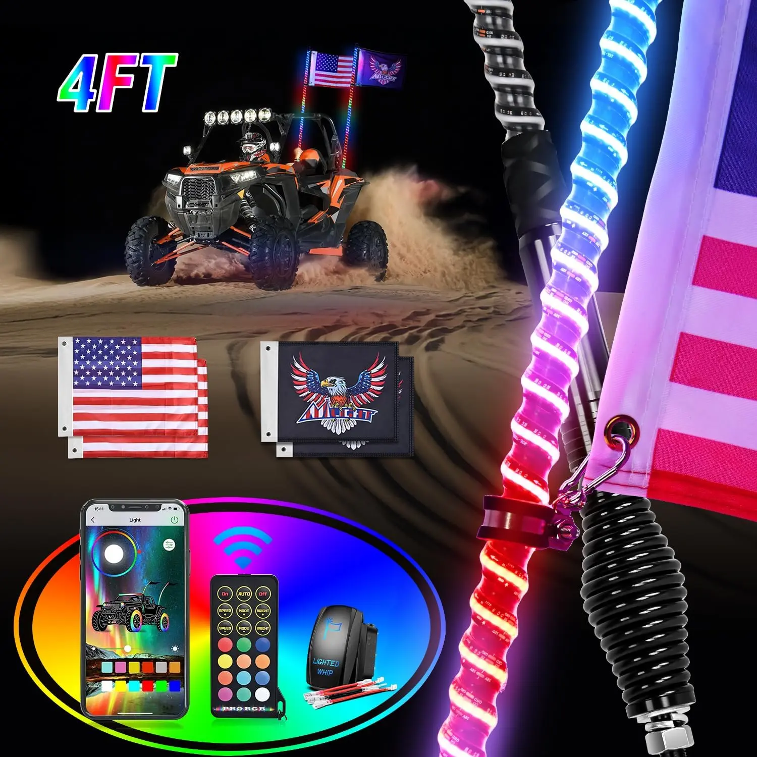 Nilight 2 PCS 4FT COB RGB LED Whip Lights - Off-Road Spring Base Antenna Whips with 360° Spiral Luminescence, Polycarbonate Build, 1-Pin Plug, Remote & App Control, DIY Patterns, Turn/Brake/Reverse Lights for ATV UTV, Motorcycle, Mule