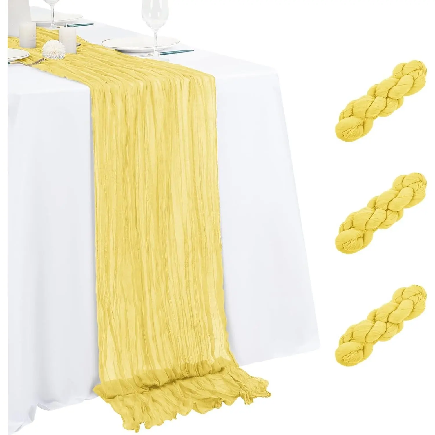 3 Pack Light Yellow Table Runner 17x108 Inch Cheesecloth Table Runner Boho Gauze Table Runners Romantic Rustic Fabric Cheese Cloth Table Runners for Wedding Party Baby Shower Birthday Home Decor