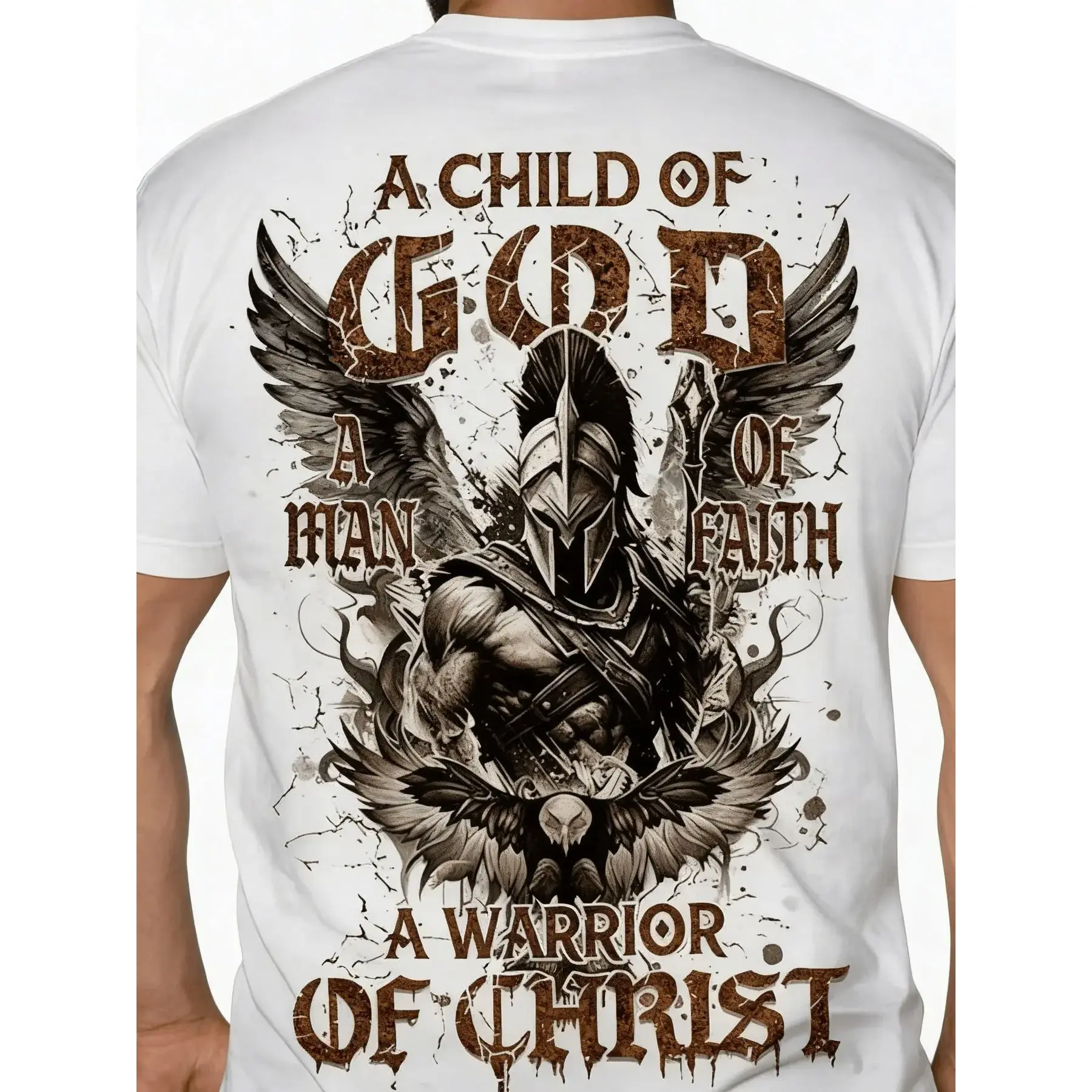 Loose Fit Graphic T-Shirt, Spartan Warrior Wing Faith Quote Back Printed Craft Tee, Soft Breathable Short Sleeve Top, Inspirational Religious Casual Outfit For Men Women, Vintage Warrior Art Shirt For summervibes