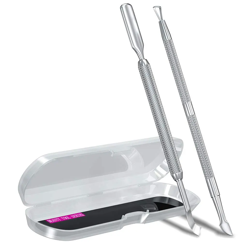 2PCS Salon Quality Stainless Steel Silver Cuticle Pusher & Cutter, Nail Supplies Gel Polish Peeler Scraper, Durable Professional Manicure Pedicure Cleaner Tool for Fingernails & Toenails