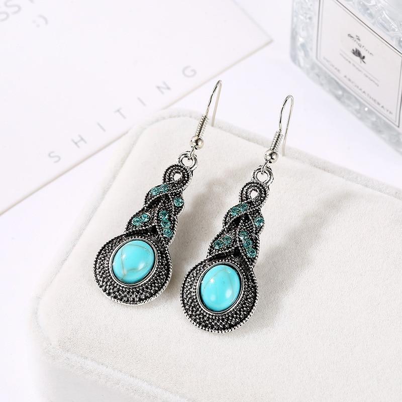 3pcs Necklace Earrings Set For Men And Women Vintage Style Blue Crystal Inlaid Turquoise Pendant With Lantern Chain Jewelry