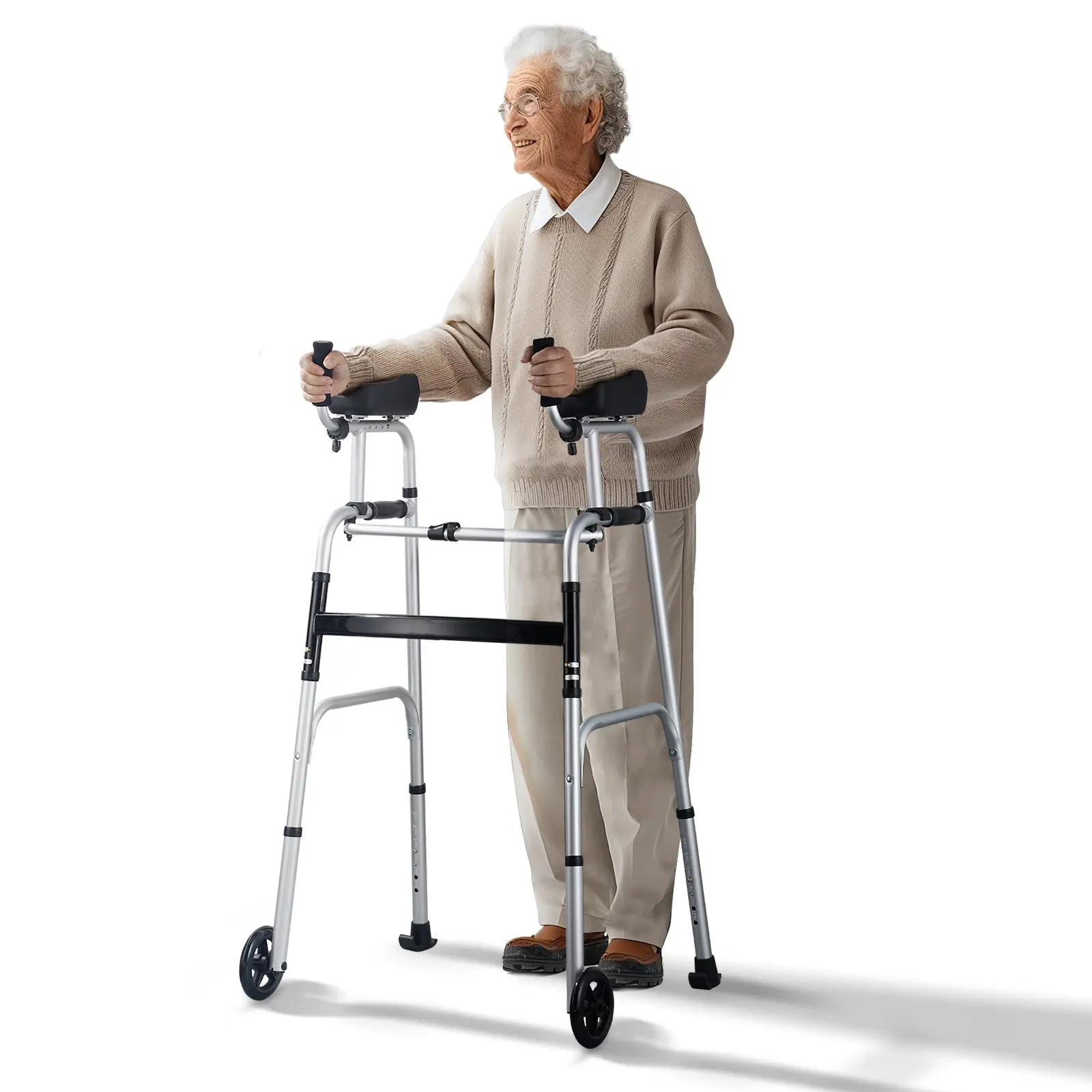 VEVOR 2 in 1 Folding Walker Removable Armrests, Height Adjustable Foldable Walker with 5" Solid Wheels, Lightweight Aluminum Front Wheeled Mobility Aid for Elderly Handicapped Disabled, 450 Pounds