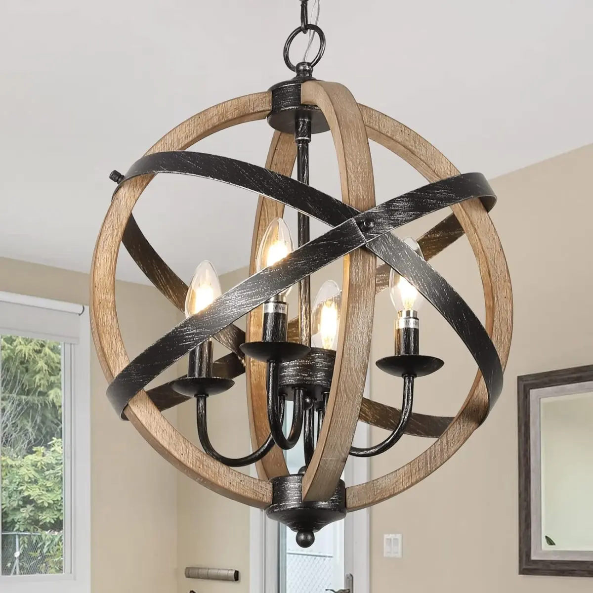 Rustic White Solid Wood-Metal 4-Light Chandelier, 16x16x16.4 in, Height-Adjustable Black Chain, Dimmable, 4 E12 Sockets, Farmhouse Pendant Light for Dining Room, Kitchen, Adjustable Chain