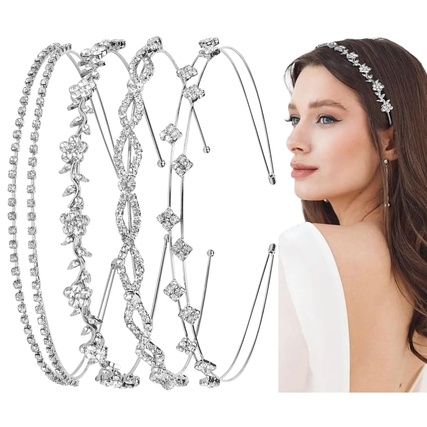 Rhinestone Headbands for Women, 4-Piece Silver Floral Leaf Tiara, Crystal Hair Accessories for Female Bridal Weddings