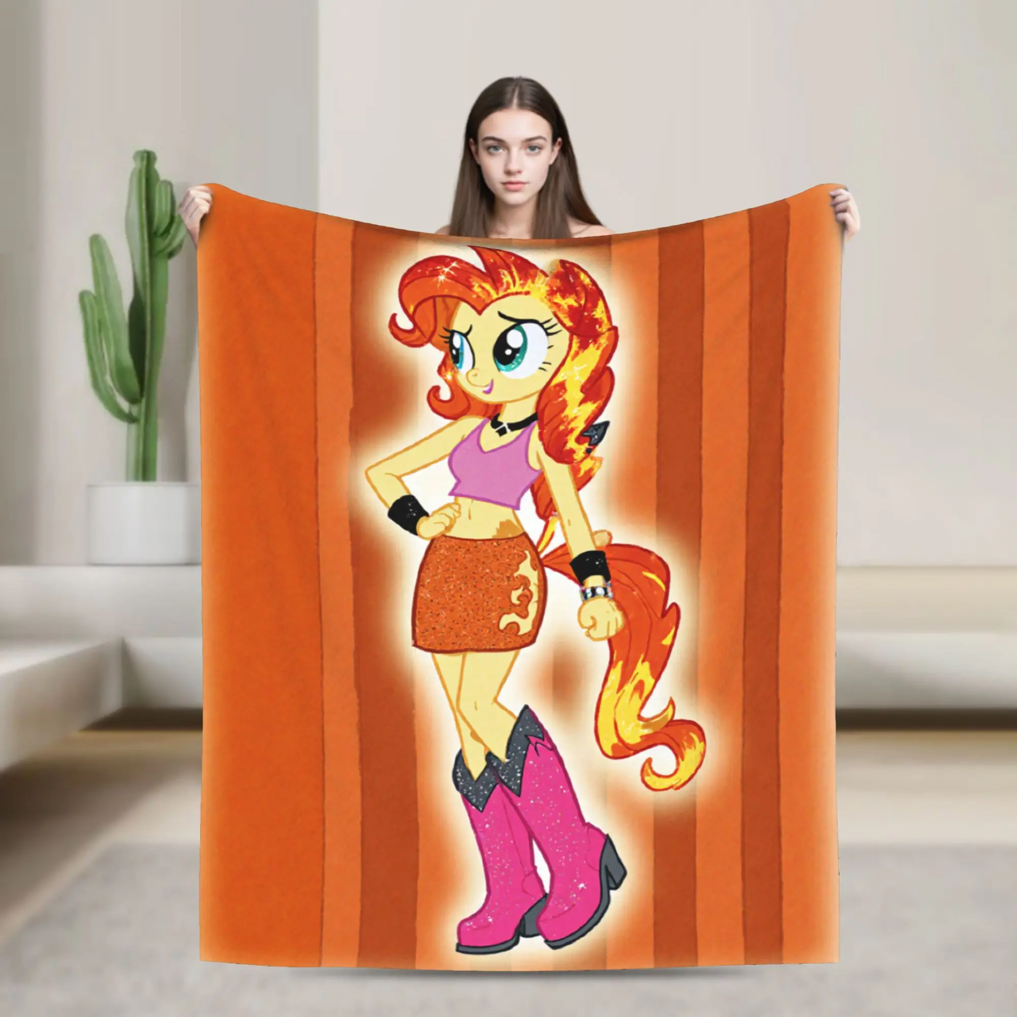 Sunset Shimmer My Little Pony Flannel Throw Blanket - Orange Vertical Stripe, Cartoon Print, Multi-Size Soft Fleece, Sofa Decor Gift for MLP Fans