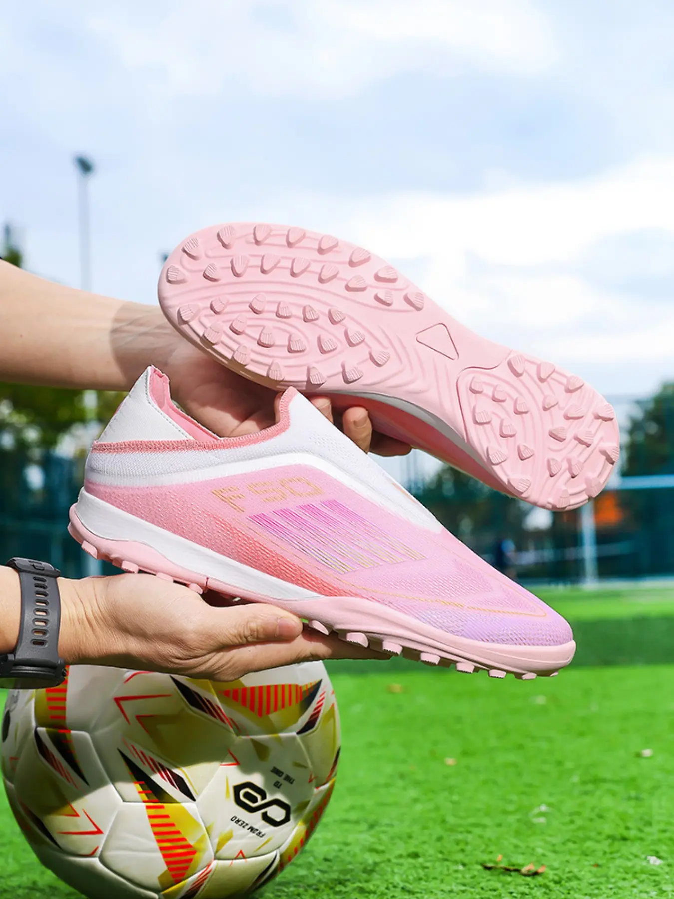 High-Profile Strapless Long Spike Soccer Shoes, Lightweight Breathable Flyknit Upper, Gradual Transparent Sole, Sizes 35-45, Youth & Adult Training