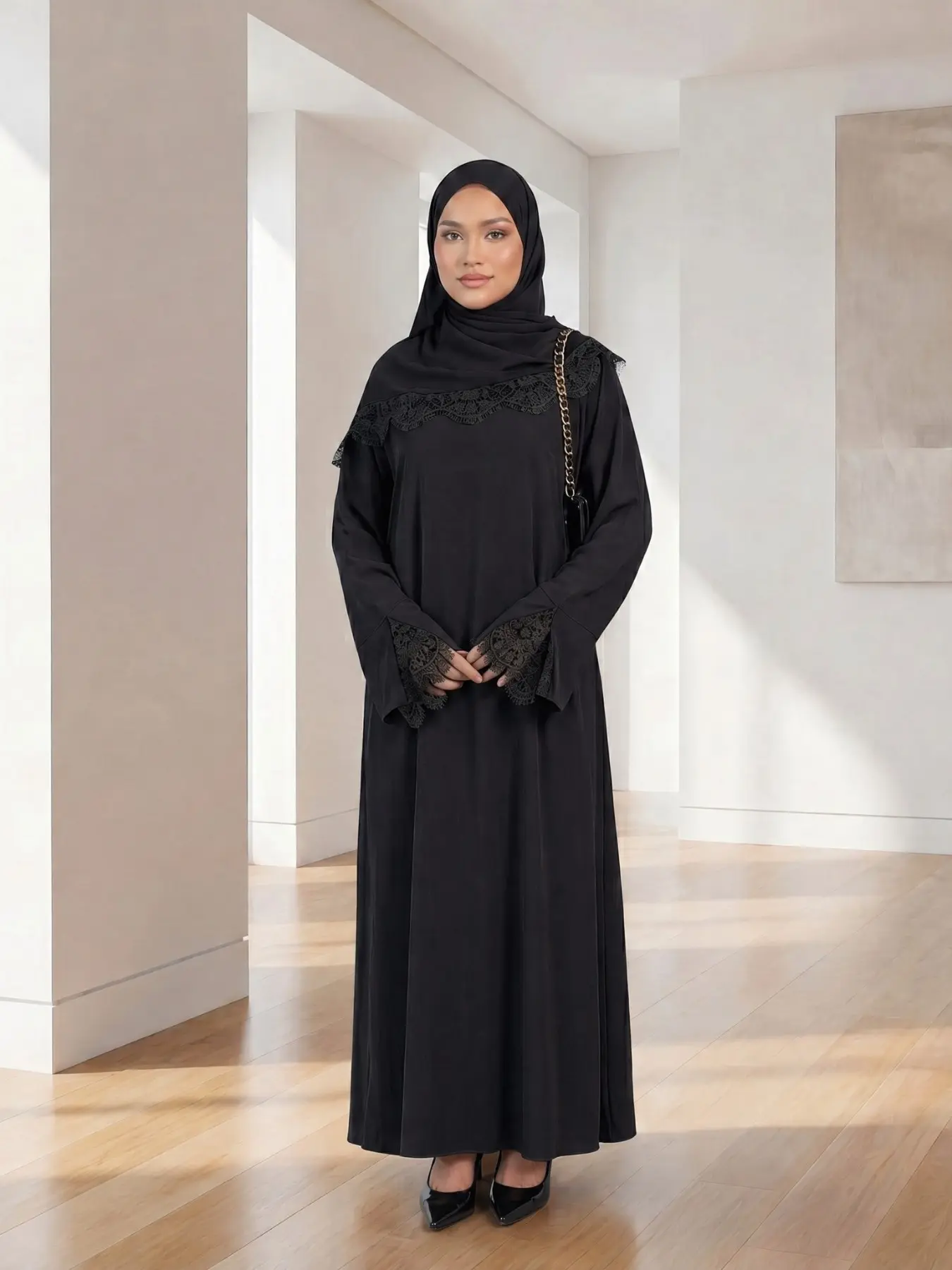 Elegant Arabic Style Women's Lace Dress Set, Split Sleeve Design, Includes Lace Headscarf, Nida Fabric, Fashionable and Comfortable