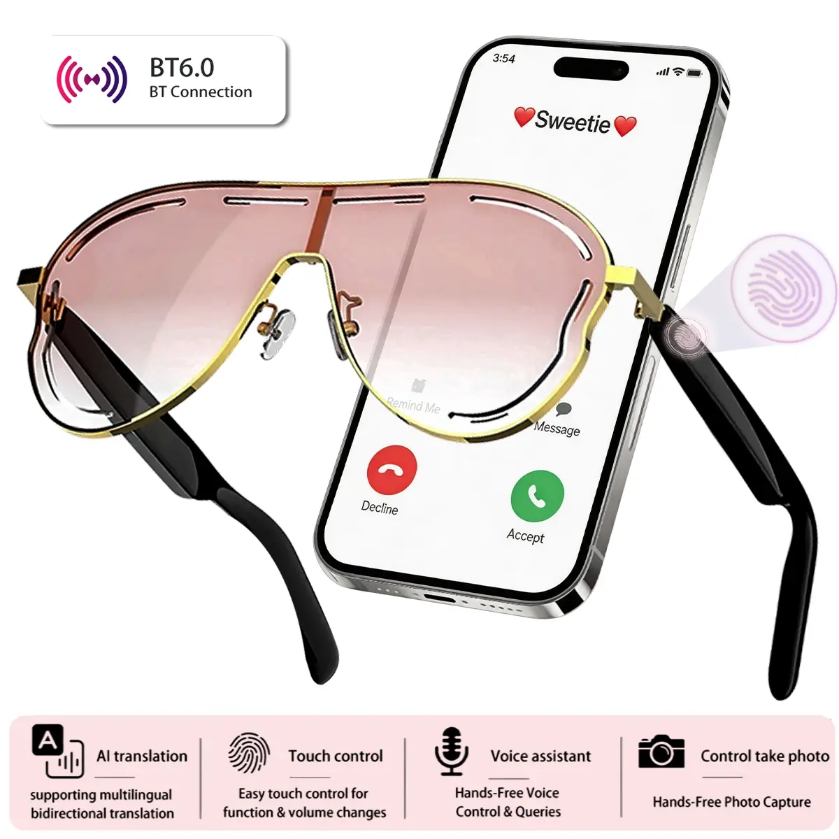 AI Translation Glasses, Bluetooth Audio Smart Sunglasses with Voice Assistant, Hands-Free Calling, Remote Camera Control, Pink Lens UV Protection for Travel and Business
