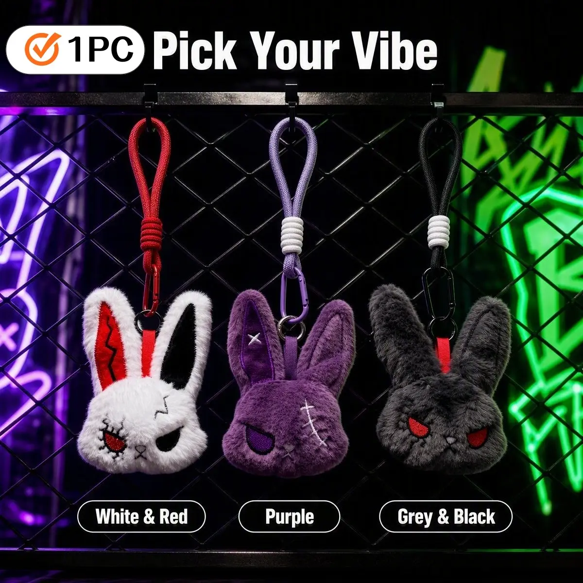 Gothic Bandage Stitch Rabbit Plush Keychain, Fluffy Bunny Keychain, Cool Keychains, Cool Dark Style Bunny Bag Charm, Unique Plush Animal Lady Key Holder, Halloween Gift Essential, Birthday Gift Essential