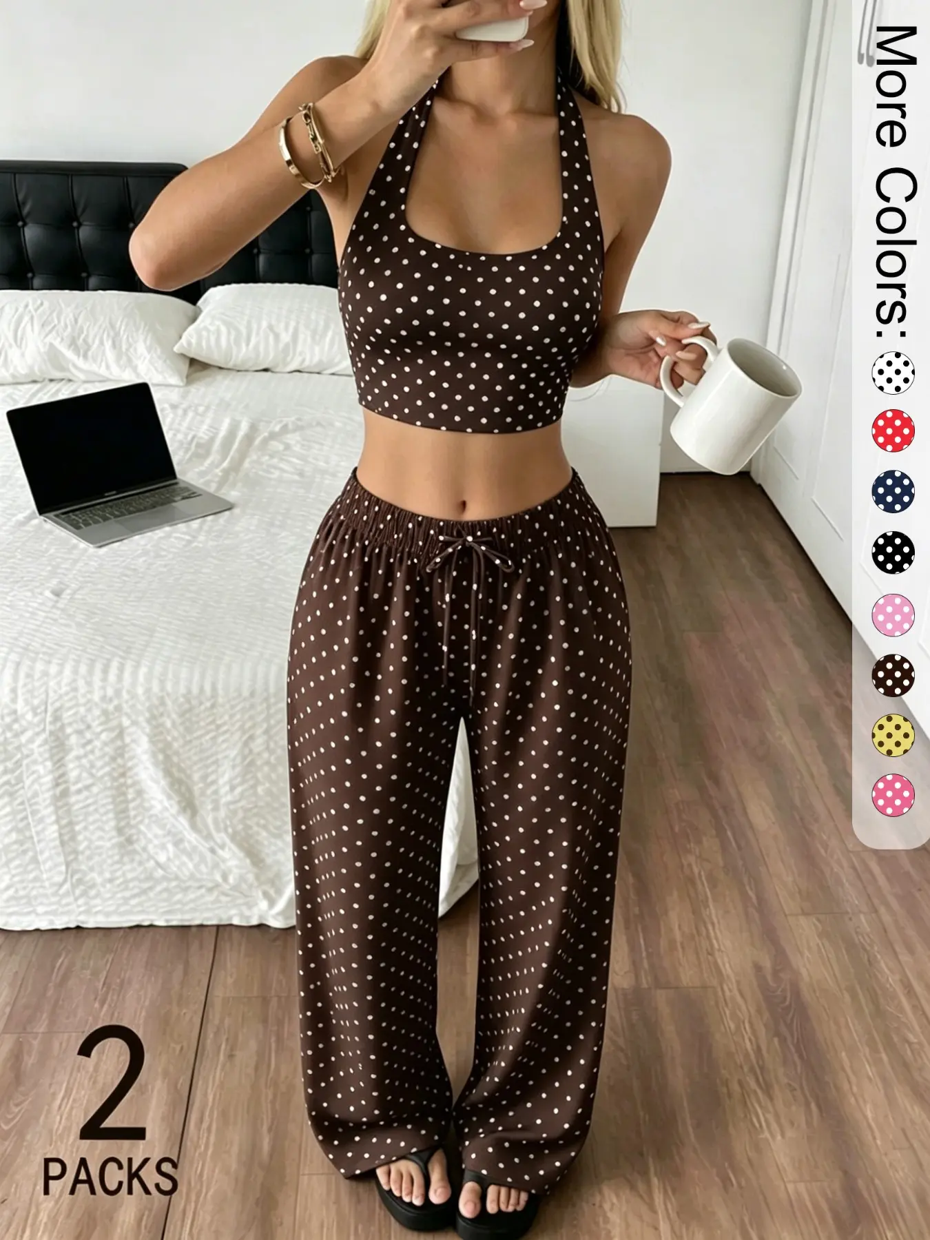 Women's Polka Dot Halter Neck Top & Wide Leg Pants Set, 2-Piece Summer Outfit, Casual Chic Vacation Loungewear, Clothing Sets