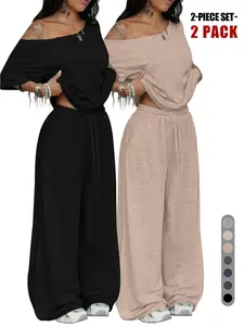 Women's and Striped 2pcs Set, Summer Streetwear Lounge Off-Shoulder T-Shirt & Wide Leg Sweatpants, Casual Minimalist Daily Wear