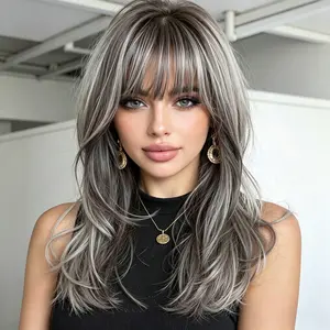 18 Inch Elegant Grey Long Curly Hair Wig with Pick-up And Lizard Synthetic Wig From Dark Hair Roots to Light Hair Tops, Suitable for Women's Daily Party Holiday Travel  Wear A Comfortable Rose Mesh Hat