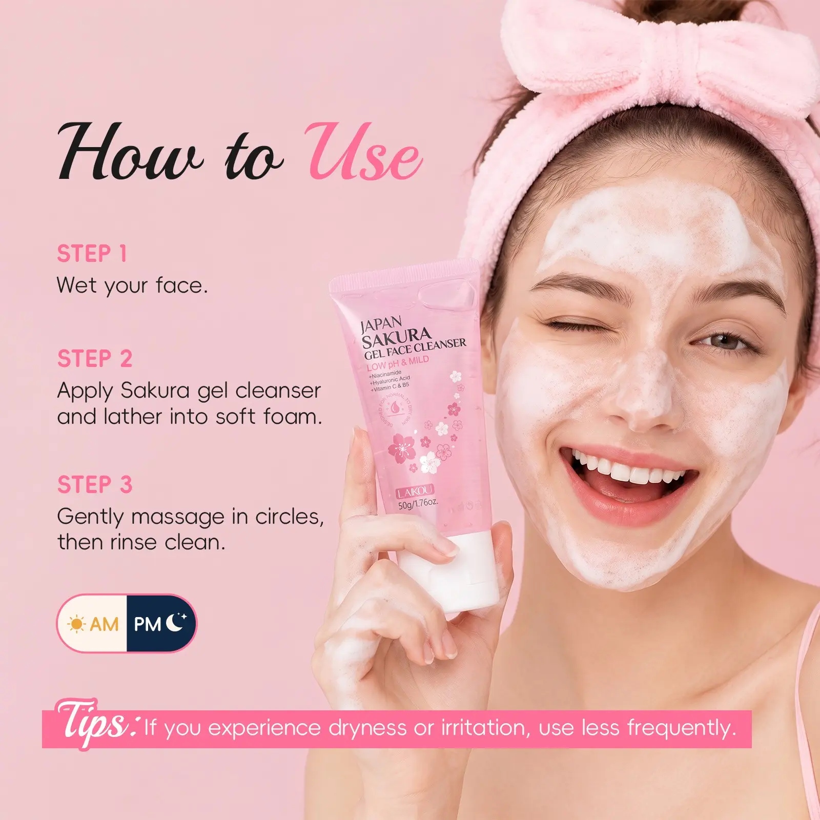 Cherry Blossom Gentle Cleansing Gel 50g, Travel Portable, Refreshing Deep Clean Moisturizing Face Wash, Mild Soap, Hydrating and Non-Irritating Gentle yet effective gel formula removes daily impurities and excess oil.