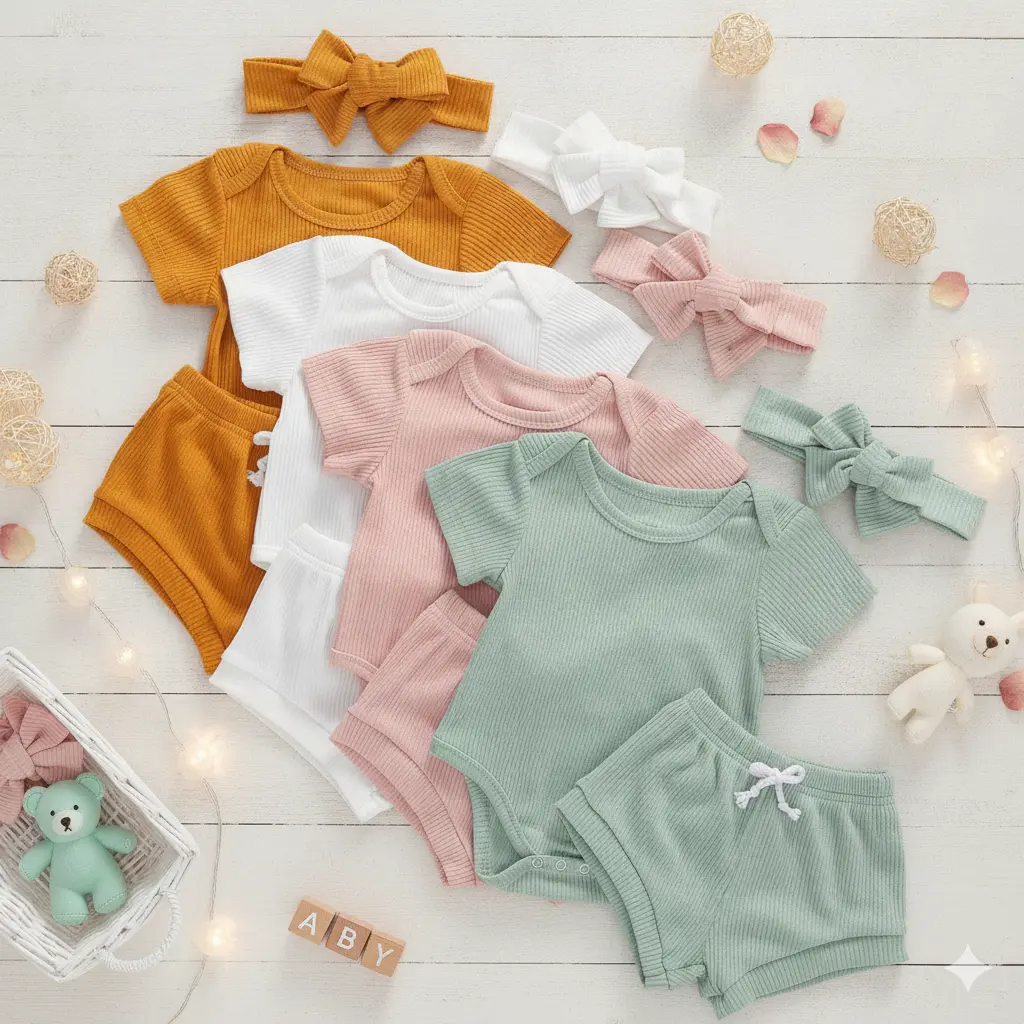 Baby Girl Outfit Set, 3-Piece Ribbed Cotton Summer Clothes in Solid Colors, Set Includes Short Sleeve Bodysuit, Shorts, and Headband, Outfit Sets