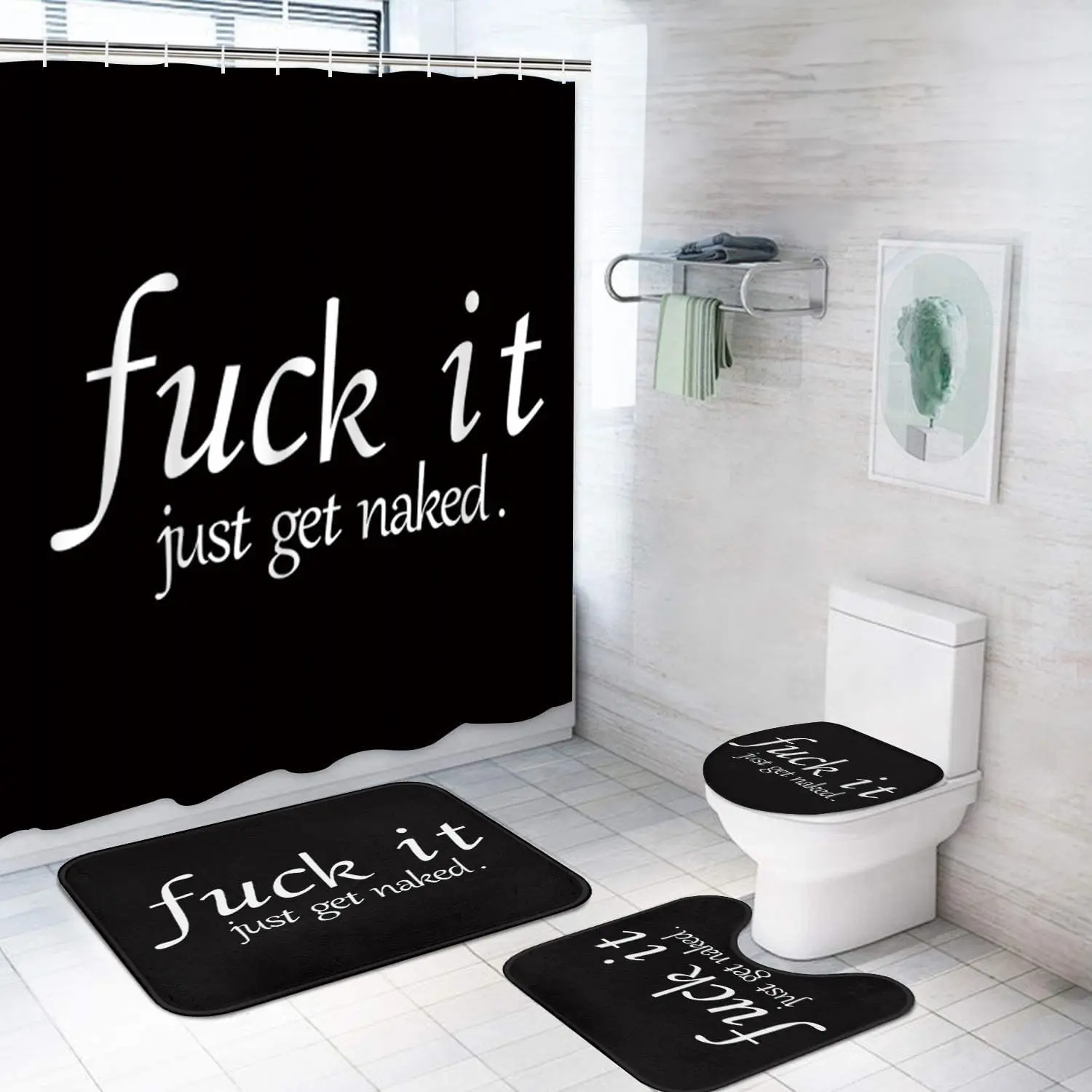 Funny Get Naked 4-Piece Shower Curtain Set with Non-Slip Rug, Toilet Lid Cover, Bath Mat and 12 Hooks, 72x72 Inch Humorous Bathroom DecorGift