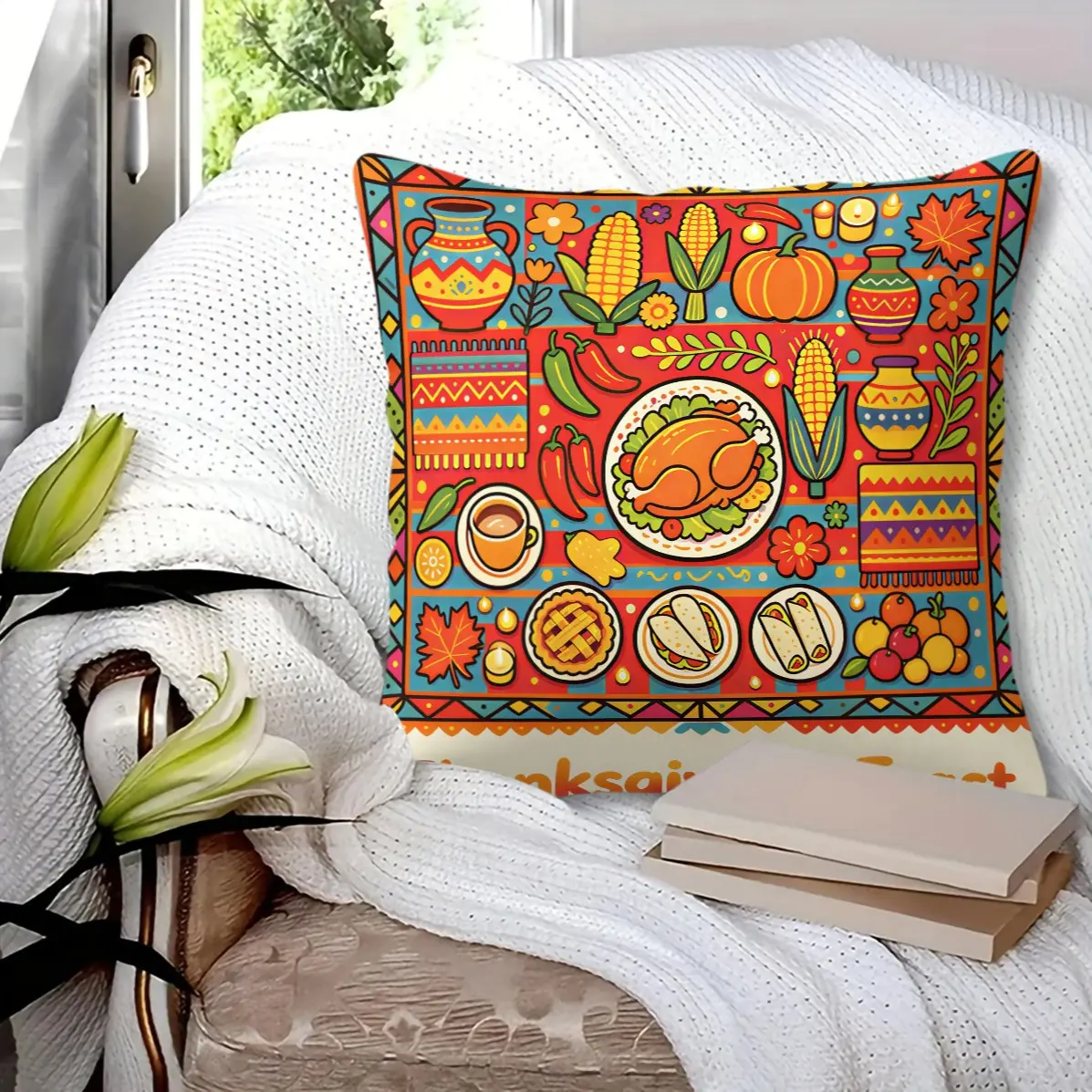 45x45cm 1Pc Thanksgiving Feast Pot Chili Throw Pillow, Washable, Trend Print, Color Folk Style Cushion For Family Harvest Living Room Decor (With Pillow Insert)