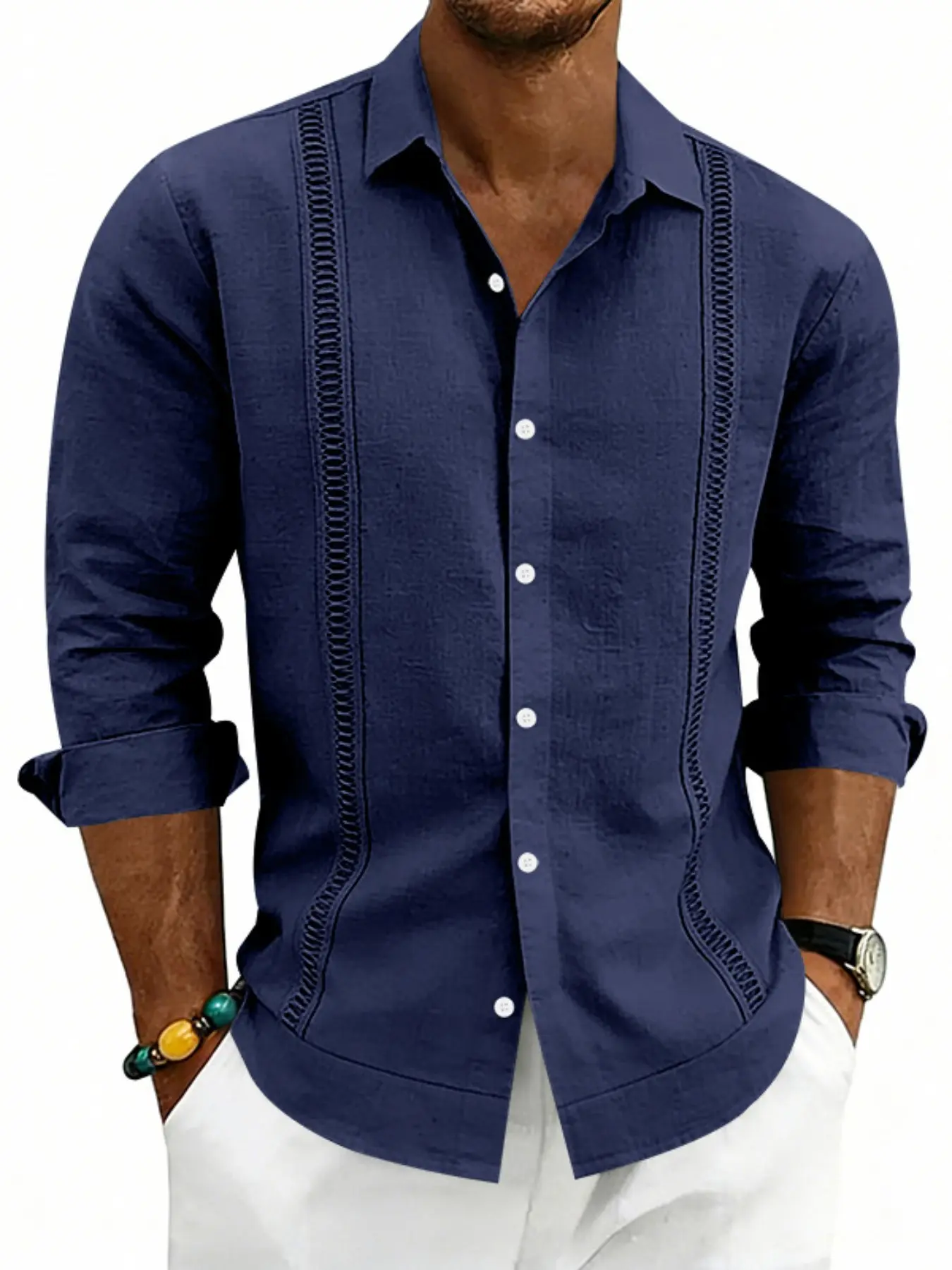 Men's Cuban Guayabera style collar linen long-sleeved shirt with vertical stripe lace trim for casual vacation wear. Soft and breathable with adjustable sleeves. Perfect for daily commuting and outings Menswear Tops