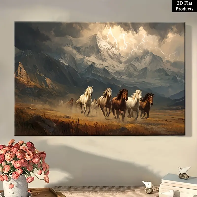 1pc Solid Wood Framed 2D Flat Wild Horses Galloping in Meadow Enclosed Canvas Animal Print - 1-Piece Ready-to-Hang Marble Accent Home Inspo Wall Art, Home Decor for Living Room, Christmas Gift
