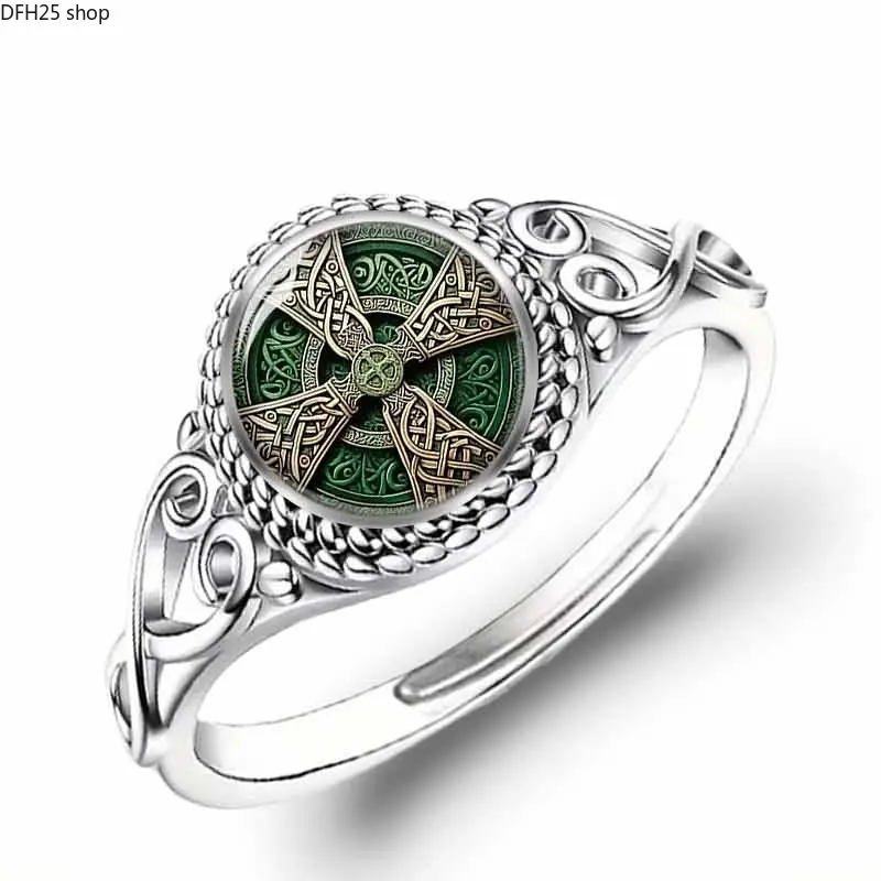 Vintage Celtic Cross Statement Ring, Adjustable Silver Tone Celtic Knot Band with Green Cross Emblem, Boho Medieval Inspired Fashion Jewelry for Women & Men, Everyday Wear Gift
