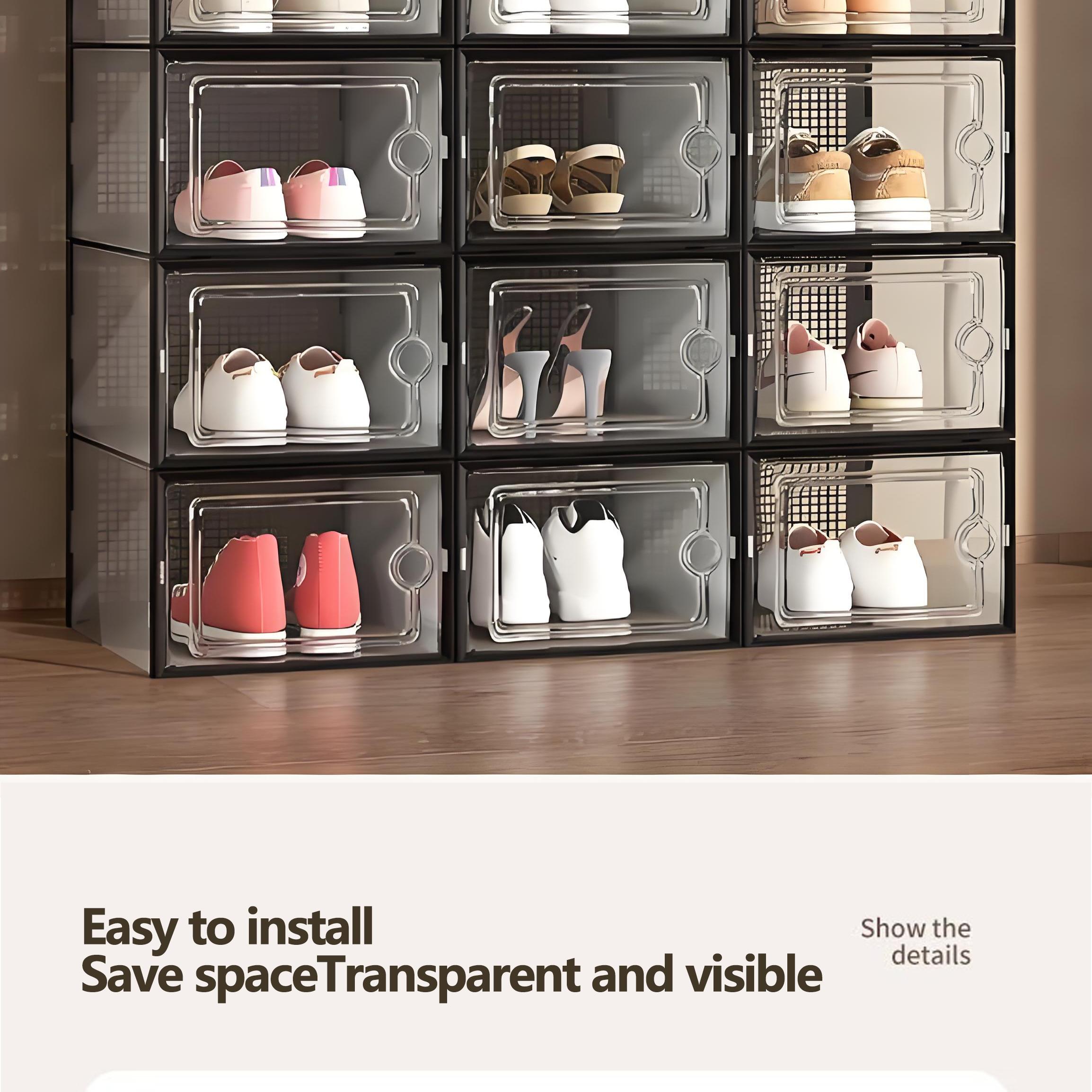 6/12/18/24 pcs Large Capacity Thickened Transparent Plastic Shoe Boxes With Clip-On Lid - Foldable, Stackable, Space-Saving Storage Organizer For Multipurpose Use In Entryway, Bedroom, Home, Dorm, Etc - Easy To Assemble,shoe cabinet storage