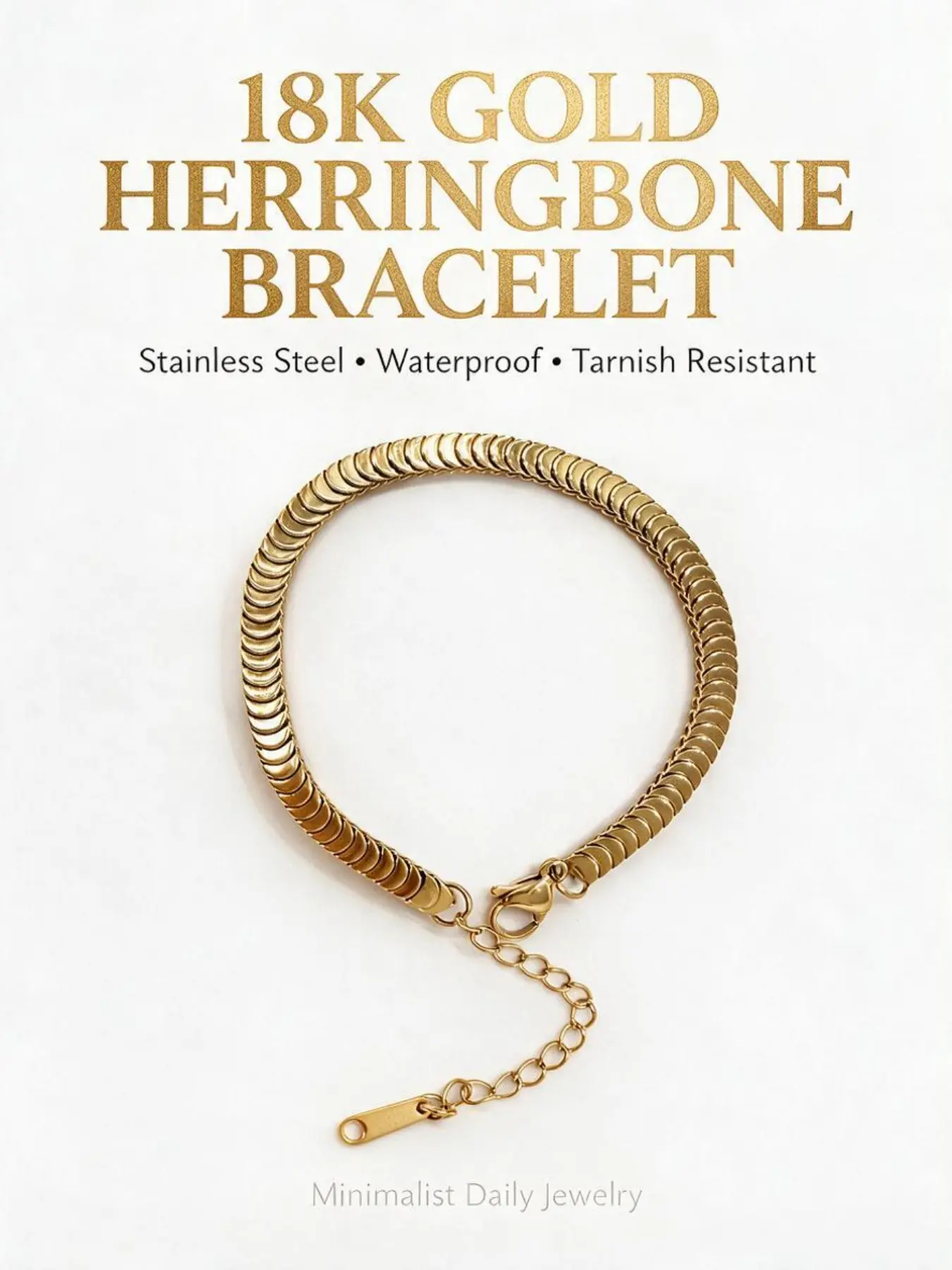 18K Gold Plated Herringbone Bracelet for Women, Stainless Steel Snake Chain Bracelet, Waterproof Tarnish Resistant Minimalist Dainty Gold Bracelet, Elegant Flat Chain Wristband, Trendy Everyday Jewelry Gift for Her, Wedding Party Date Night Accessories