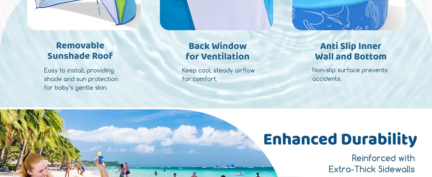 Foldable Kiddie Pool with Canopy: 47in Baby Pool and Beach Tent for Toddlers Infants 6-12 Months and Kids 2-4 Years Old - Portable Water Play with Shade for Outdoor Backyard Beach (Blue-Blue)