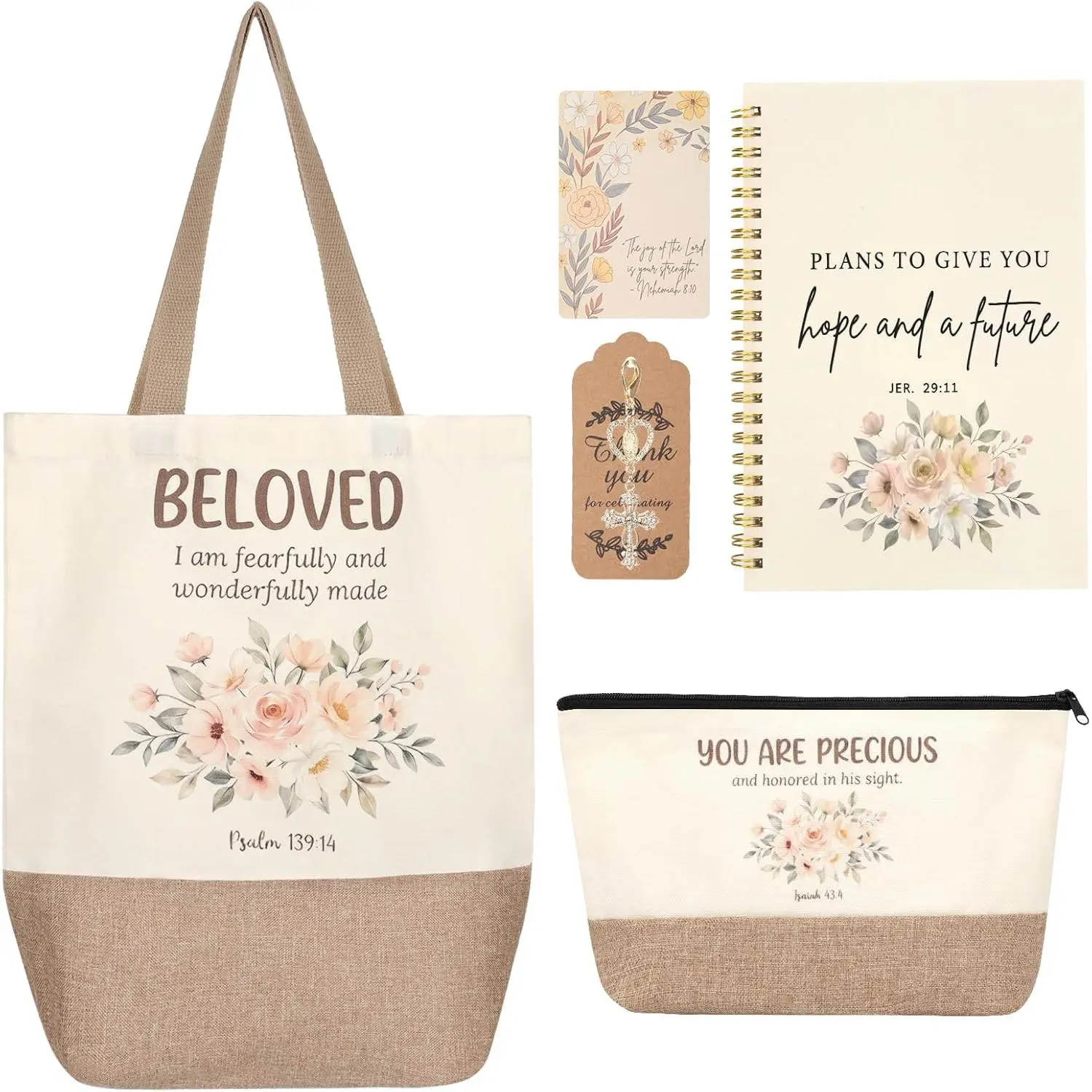 5 count Christian Gifts for Women Religious  Set Inspirational Jute Tote Bag, Makeup Bag, A5 Notebook,  ,  Verse Card, Baptism  Verse Gifts
