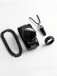 4-piece Cuban Link Business Fashion Men's Steel Band Minimalist Dial Quartz Watch Bullet Head Necklace Set