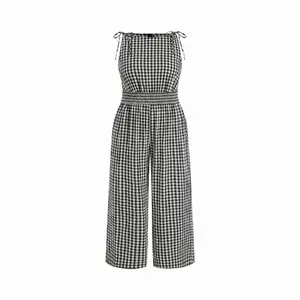Cider Cotton Gingham Boat Neck Drawstring Wide Leg Jumpsuit Curve & Plus