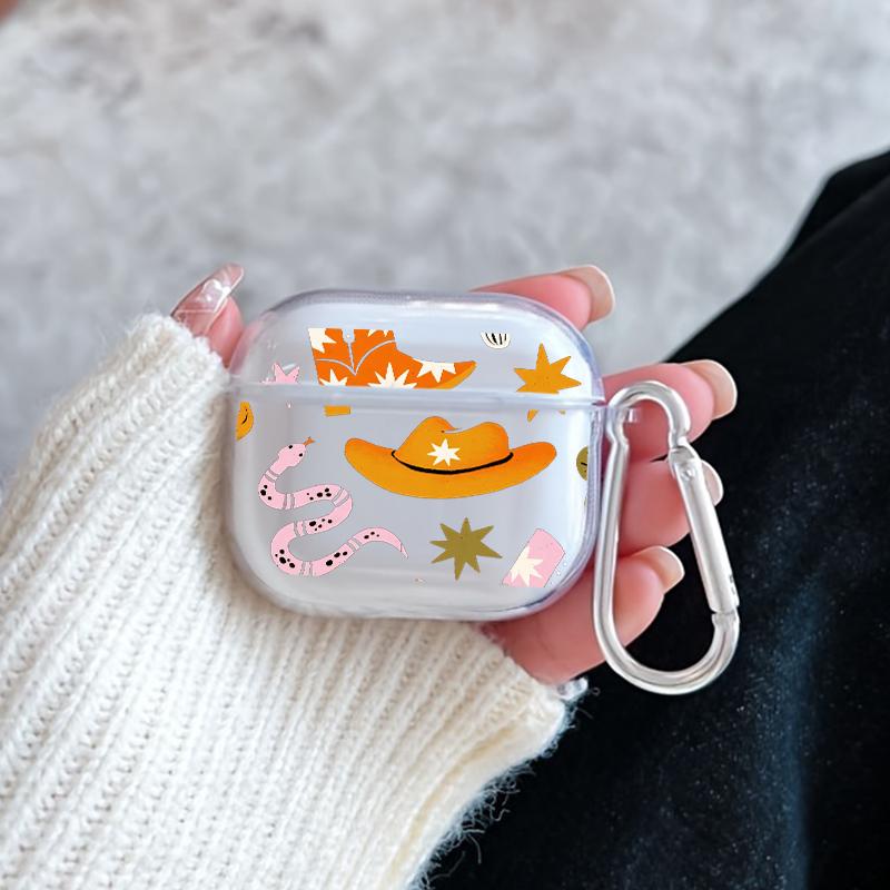Cowboy Star Boots Pattern Protective Case for AirPods 4/3/2/1/Pro/Pro2 Soft TPU Earphone Cover, Transparent with Keychain
